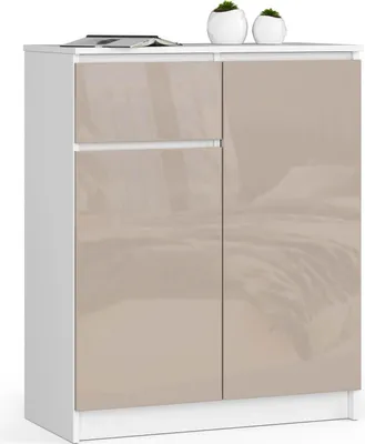 Produktbild von Kommode – Schubladenkommode – Sideboard mit 2 Türen  – 80 cm – Weiß / Beige Hochglanz  – Kompakte Aufbewahrung mit Tür- und Schubladenkombination