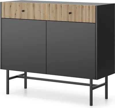 Produktbild von Kommode DIVA 2D2SZ Sideboard Schrank Highboard Lammelen (Schwarz matt + Eiche evoke Lamellen)
