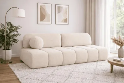 Produktbild von Polstersofa  aus Bouclé, Sofa mit Schlaffunktion und Bettkasten, Polstersofa, Sofagarnitur Wohnlandschaft mit Bettfunktion, Couch für Wohnzimmer - Schlafsofa - Sofa Fluffy - Creme (Anthology 20)