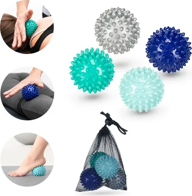 Produktbild von Gymtek® Massageball Set Igelball Hart, Faszienball Set - Ø 6.5cm, 4 Stück - zum Stressabbau und Massage, Mini Faszienkugel mit Netzbeutel Kordelzug
