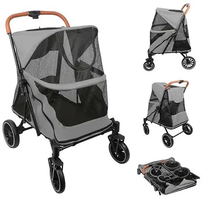 Produktbild von Hundewagen für große Hunde, Haustiere Buggy Faltbarer, Hundebuggy für Hunde mit Netzfenstern, Klappbar, bis 35 kg, 60 * 83 * 108cm (Grau)