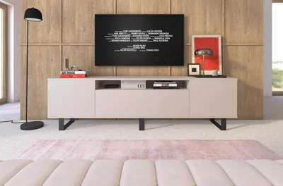 Produktbild von TV-Schrank Masimo 200 cm, TV Lowboard mit vier Regalen, hohe schwarze Rahmenfüße, Schrank fürs Wohnzimmer, Push-to-Open - Kaschmir