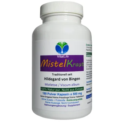 Image de Mistel, extrait de mistel (Mistelkraut), 180 capsules en poudre, broyées à froid selon la méthode traditionnelle d'Hildegarde de Bingen. Produit naturel, sans additifs