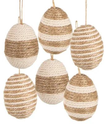 Produktbild von 6 Ostereier aus Stoff/Jute Creme braun 6,5 cm Makramee zum Aufhängen