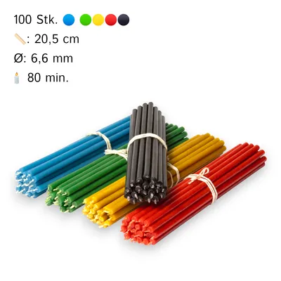 Produktbild von 100 Stk. Kirchliche Bienenwachskerzen N60 I hochwertige Ritualkerzen 20,5 cm Ø-6,6 mm, 80 Min Brenndauer in Gelb, Rot, Grün, Blau, Schwarz