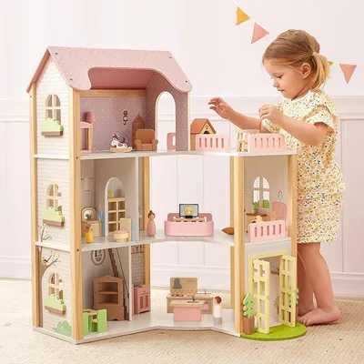 Imagen del producto de Casa de muñecas de madera, de 3 pisos, para niñas, con 60 accesorios de mobiliario