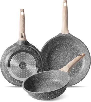 Imagen del producto de Juego de sartenes para inducción, con revestimiento antiadherente de granito, de 20 cm, 24 cm y 28 cm, aptas para cocinas a gas e inducción