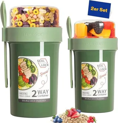 Produktbild von Famanu Müsli-Behälter Set - Auslaufsichere Joghurtbecher mit Löffel - 760 ml und 560 ml für Snacks und Salate