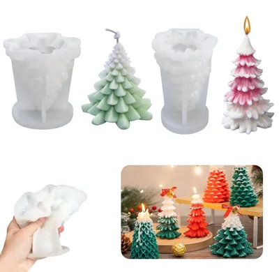 Image de 2 moules en silicone pour bougies en forme de sapin de Noël, adaptés pour la fabrication de bougies, de savons ou de chocolats