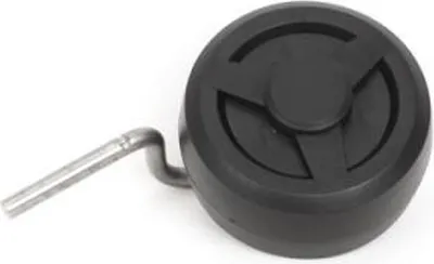 A black wheel with a metal rod attached, isolated on a white background.