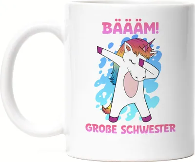 Produktbild von Bäääm Große Schwester  Tasse Weiß Einhorn Schwangerschaft Ankündigung Babyparty Babyshower Geschwister