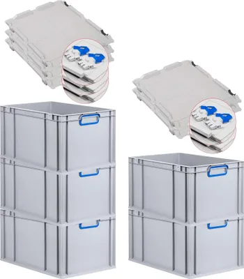Produktbild von SuperSparSet 5x Eurobox NextGen Color mit Scharnierdeckel und Schiebeschnappverschlüssen | HxBxT 32x40x60cm | 65 Liter | Grau | Griffe blau geschlossen | Verstärkter Boden | Eurobehälter, Transportbox, Transportbehälter, Stapelbehälter