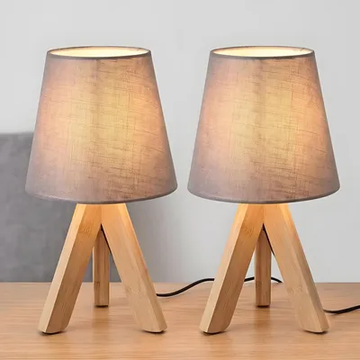 Produktbild von MinteVolt Nachttischlampe 2er Set Bambus mit Stoffschirm Hellgrau, Stativ, E14