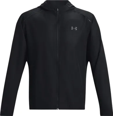 A black Under Armour hooded jacket is shown front and center against a white background.
