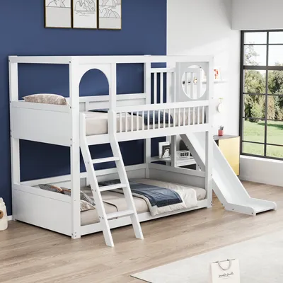 Produktbild von okwish Etagenbett Kinderbett 90x200cm mit Rutsche und Leiter, Hochbett mit Regalen, Lattenrost und Rausfallschutz, Massivholzbett Stockbett Jugendbett
