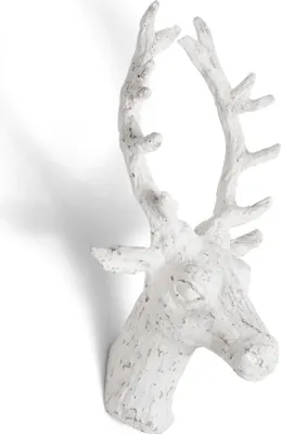 Produktbild von Wanddeko Hirschkopf Weiß 30 cm handgefertigt aus Mangoholz rustikale Wandfigur mit Geweih und Aufhängung als Dekoration für Wohnzimmer