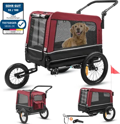 Produktbild von Hundeanhänger 3in1 Fahrradanhänger, Hundebuggy, Jogger für Hunde, großer Laderaum 240 Liter, Hundewagen mit Dual Federung, faltbar - rot