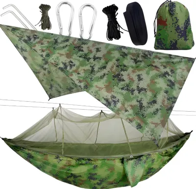 Produktbild von Touristen-Hängematte mit Moskitonetz, Tarp, Survival, Bushcraft, Biwak, Camping, leicht, 3-in-1