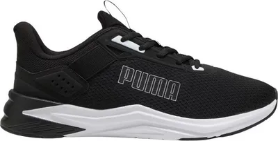 A black Puma running shoe with white accents is shown against a white background.