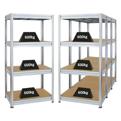Produktbild von Mega Deal | 4x Schwerlastregal DINO | HxBxT 180x90x60cm | 4 MDF-Platten-Ebenen 6,5 mm | Fachlast 600kg | Verzinkt