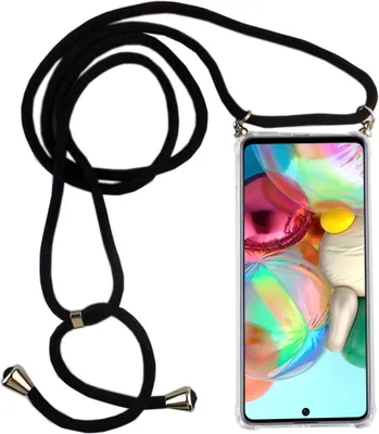 A black lanyard with a clear phone case attached, displaying a colorful wallpaper on the phone screen.