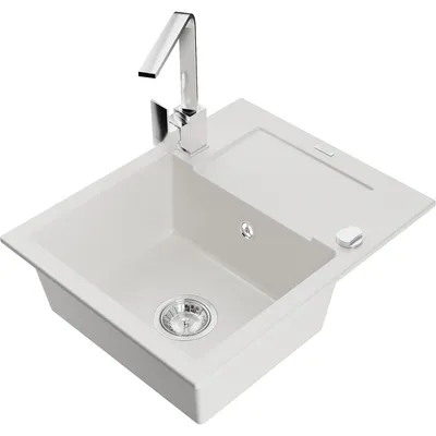 Obrázek produktu pro Mexen Enzo 1-miskový granitový dřez s odkapávačem a kuchyňskou baterií Rita, Bílá - 6506-20-670300-00