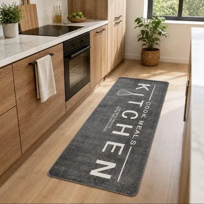 Produktbild von Unyqoos® Küchenläufer 60×180 cm – Grau, 100% Polyester, rutschfeste Latex‑Rückseite, waschbar 30°C, wasserabweisend & antibakteriell, für Küche & Flur