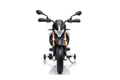 Obrázok produktu pre Elektrická motorka APRILIA DORSODURO 900, licencovaná, 12 V batéria, mäkké kolesá EVA, 2 x 18 W motory, odpruženie, kovový rám, kovová vidlica, prídavné kolesá, čierna
