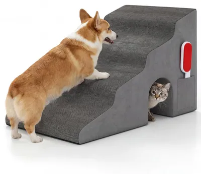 Produktbild von COSTWAY Hundetreppe,4 Stufen Haustiertreppe,Hunderampe mit Loch, waschbarem Bezug, hochdichtem Schaumstoff, Fusselbürste&Griff,Katzentreppe rutschfest