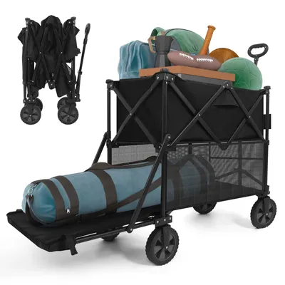 Produktbild von Puluomis Bollerwagen faltbarer Transportwagen mit 100kg Tragkraft, verstellbarer Griff, Geländegängige Räder für Strand, Garten und Einkauf schwarz