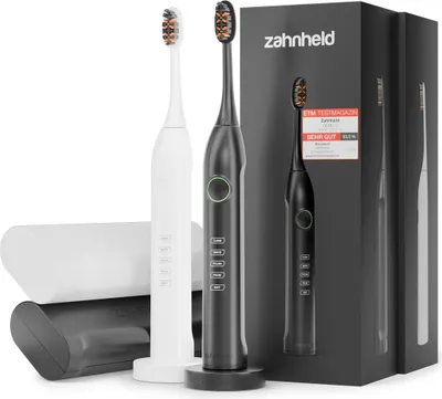 Produktbild von Zahnheld elektrische Zahnbürste Schallzahnbüste Gero im Doppelpack mit Etui schwarz/weiß - 5 Putzmodi, 6 Wochen Akku, Zahnbürste mit Schall im Set, Zweierpack