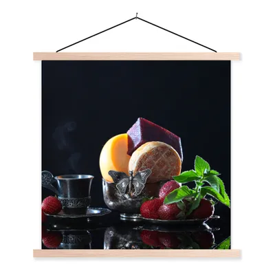 Produktbild von MuchoWow® Textilposter Rustikal - Obst - Käse - Tisch - Stilleben 120x120 cm mit holzfarbenen Rahmen - Textil-Poster