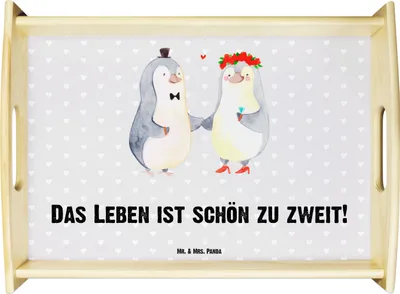 Produktbild von Mr. & Mrs. Panda Tablett Pinguin Heirat - Grau Pastell - Geschenk, Serviertablett, Hochzeit, Bett-Tablett, Bräutigam, Holztablett, Pärchen, Freundin, Sofa, Mann, Frau