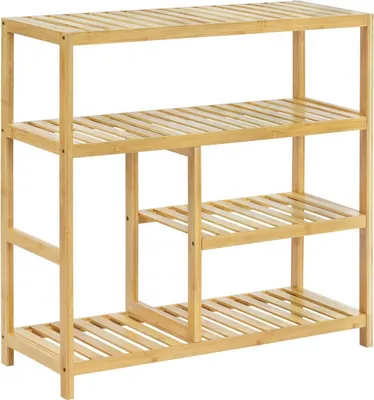 A multi-level bamboo shelf unit.