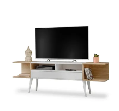 Produktbild von komodee Forio TV-Schrank, Weiß Eiche, mit Türen und 6 Fächern, 160x35x52 cm, für Wohnzimmer, Esszimmer und Schlafzimmer