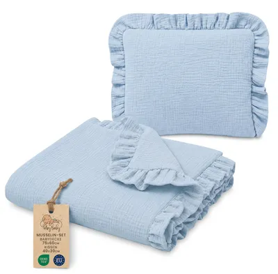 Produktbild von Muselindecke Baby Musselin Set: Babydecke 75x60 cm + Kissen 40x30 cm Babydecke Decke Sommerdecke Kühldecke Bettwäsche Kinder mit Rüschen Baumwolle Set Kissen atmungsaktiv Himmelblau