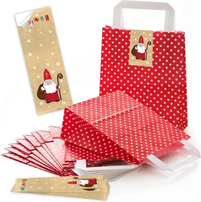 Produktbild von rot weiß gepunktete Weihnachtstüten mit Boden 18 x 8 x 22 cm + Aufkleber Nikolaus50 Stück