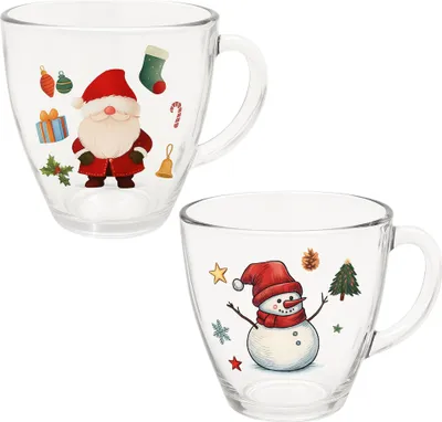 Produktbild von Weihnachtsbecher aus Glas mit Henkel | Weihnachtsgäser mit Schneemann- & Weihnachtsmann-Motiv | Festlicher Glühwein- & Kakaobecher | Weihnachtsgeschirr Geschenkidee für Familie & Freunde Gläser wählen: 350 ml 2 stück Weinachtsglas XL