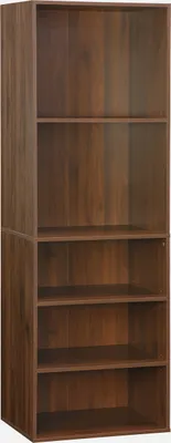A tall, narrow, five-shelf bookcase made of dark wood-effect material, shown against a white background.