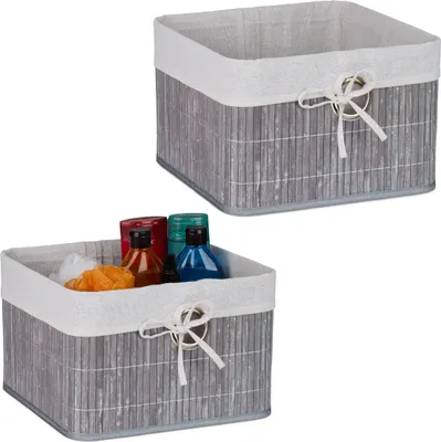 Produktbild von Relaxdays Aufbewahrungskorb 2er Set, Bambus, Stoffeinsatz, HBT: 20x31x31 cm, Körbchen Griffloch, Regalkorb, grau/weiß