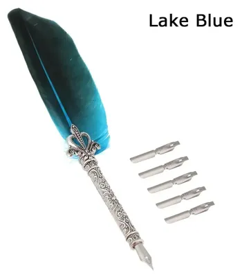 Produktbild von Vintage Kalligraphie Feder Set mit 5 Schreibfedern Tintenfeder Stift Kalligraphie-Set Unterschrift Schreibset - Farbe: See Blau Feder