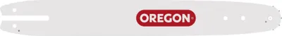 A white chainsaw bar with the Oregon logo in red.
