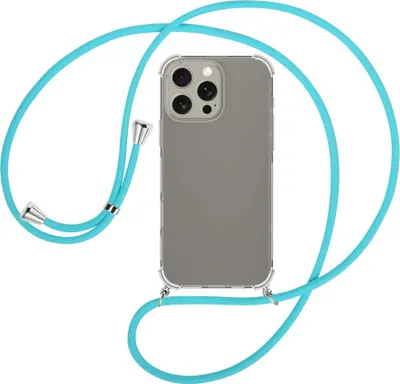 Produktbild von Handykette Backcover-Schutzhülle mit Band (Metall silberfarben) für iPhone 16 Pro Max - türkis