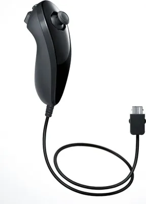 A black Nintendo Nunchuk controller with its cable and connector, isolated on a white background.