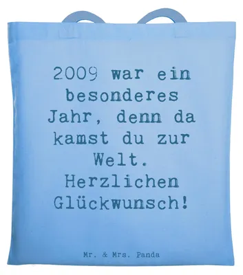 Produktbild von Mr. & Mrs. Panda Tote Bag Spruch 2009 Geburtstag - Sky Blue - Geschenk, Tragetasche, geboren, Happy Birthday, Alter, Shopping Tasche, dokumententasche, Laptoptasche