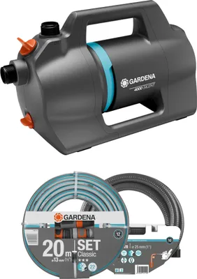 Produktbild von Gardena Gartenpumpe 4100 Silent Set mit 20 m Schlauch + Sauggarnitur