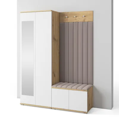 Produktbild von Garderoben-Set Aura Version 7: Kleiderschrank mit Polsterpaneelen, Schuhschrank Flur und Eingangsbereich (weiß/Artisan-Eiche /Trinity 05)