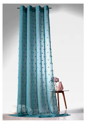 Produktbild von Boho Vorhang in Leinen-Optik Transparent mit Pompoms Ösenschal Gardine (Dunkelpetrol, HxB 245 x 135 cm)