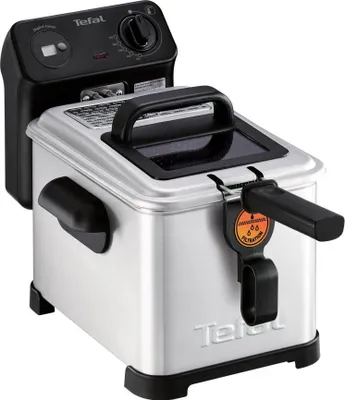 A silver and black Tefal electric deep fryer is shown from a three-quarter angle against a white background.