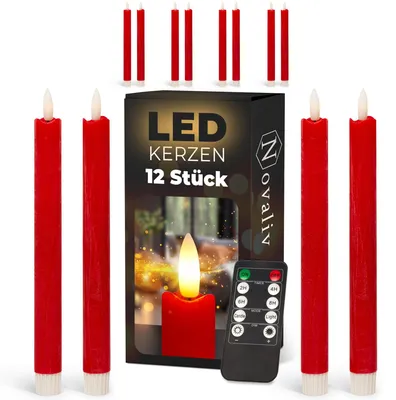 Productafbeelding van LED-kaarsen met timer, rood, 12 stuks, voor gebruik binnenshuis - 6 uur - Echt was, 23 cm hoog, geschikt voor kaarsen met een diameter van 2,2 cm. Vereist 2 AAA-batterijen. LED-kaarsen set van 4, rood (drie stuks), bewegende vlam, licht